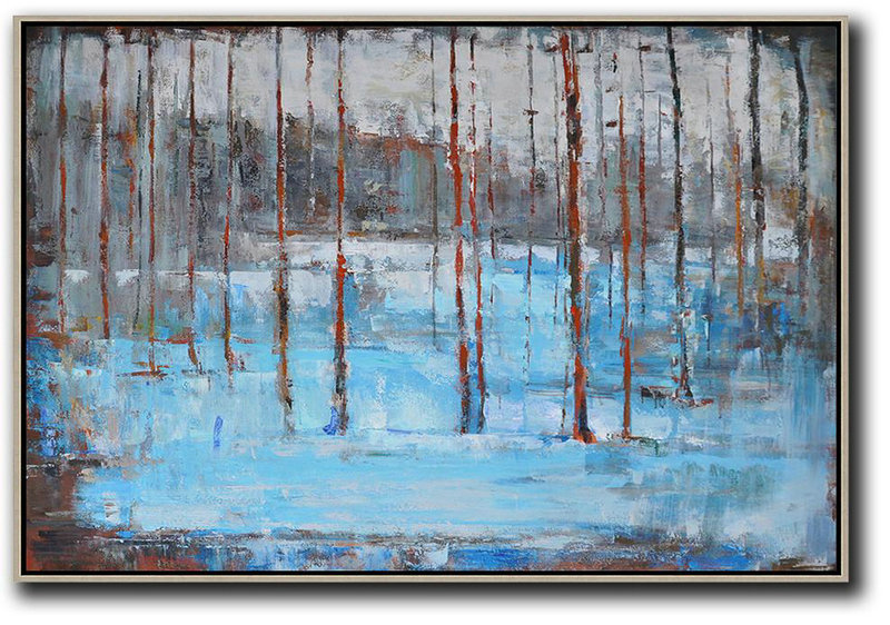Handmade Large Contemporary Art,Horizontal Abstract Landscape Oil Painting On Canvas,Wall Art Painting Blue,Red,Grey